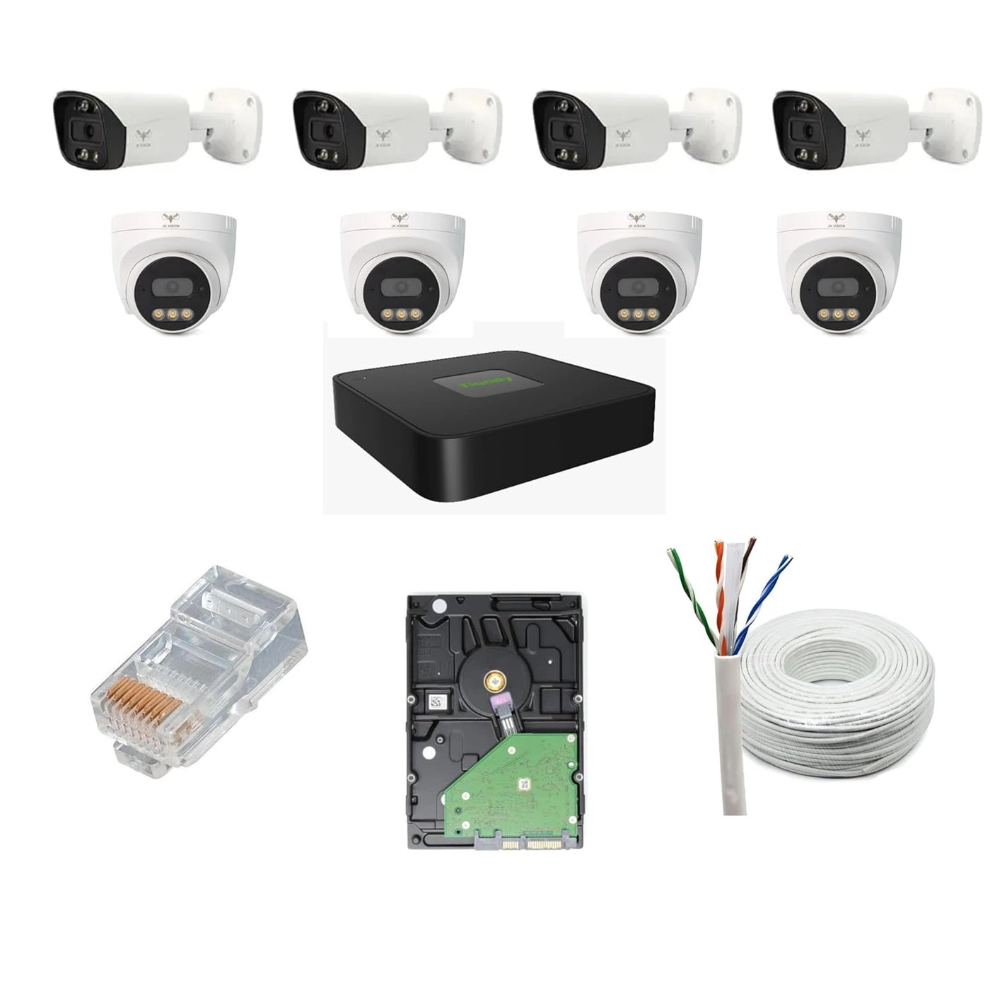 JK Vision Bullet Camera - 5MP + Dome Camera + NVR - 8 channels + Hard Disk - 2000 gigabyte + Cat6 Cable + RJ45 Connector