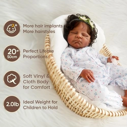 August Reborn Baby Doll - 20-Inch Weighted Cloth Body African American Ages 3+ Gift Set