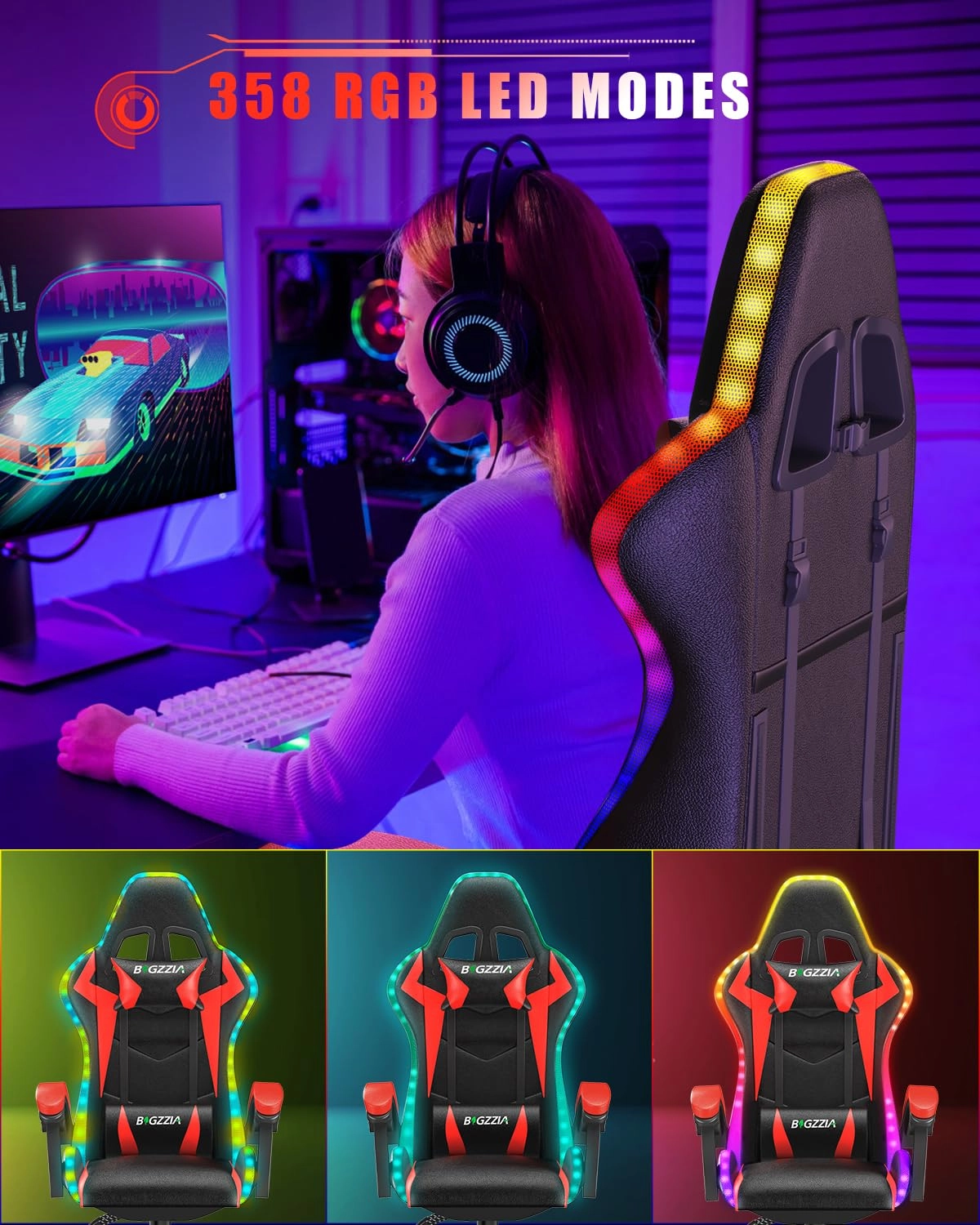white LED gaming chair - RGB Reclining PU Leather