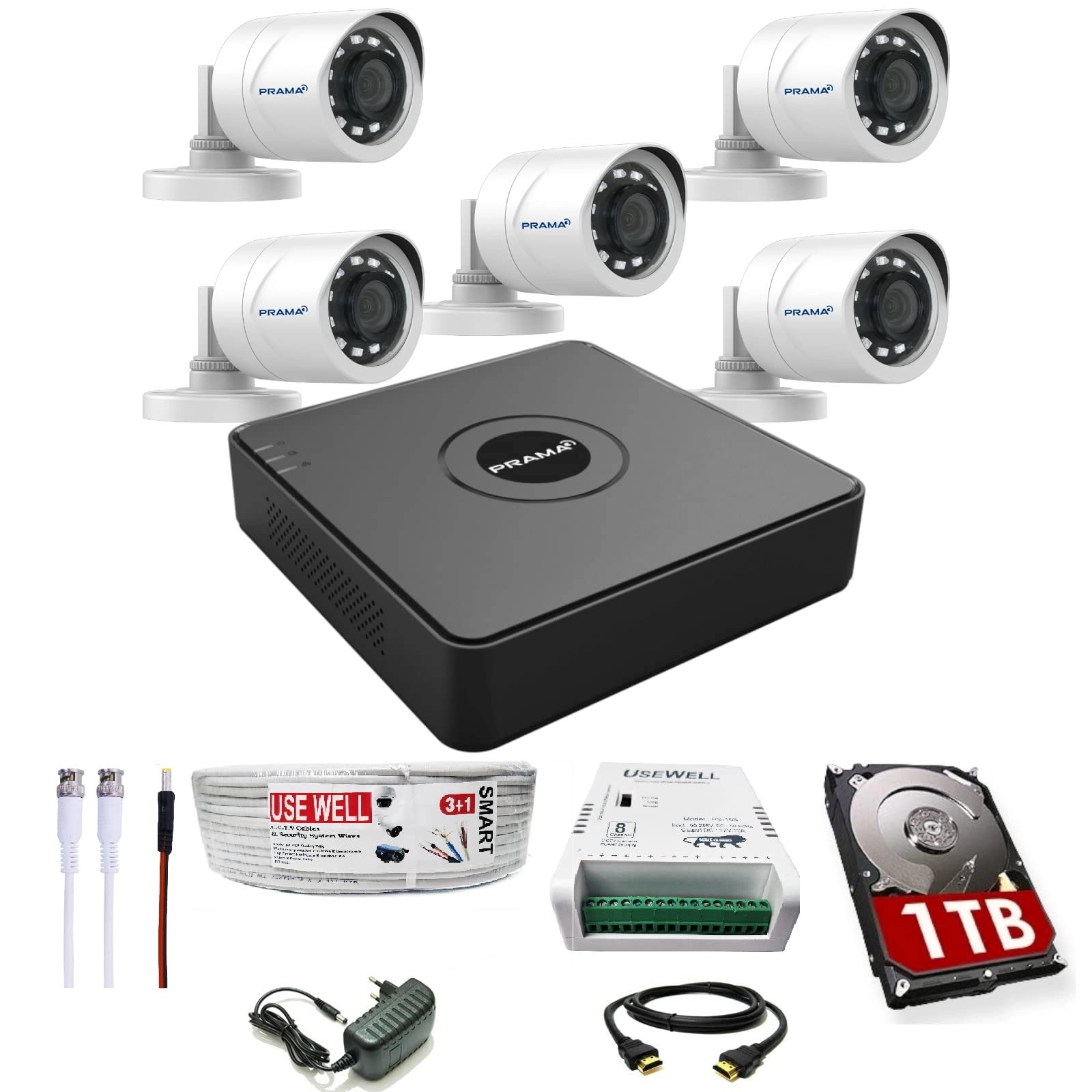 Prama India Pvt Ltd DVR - 8 Channel + Outdoor Camera - 2MP 5 + HDD + Wire/SMPS + Required Accessories