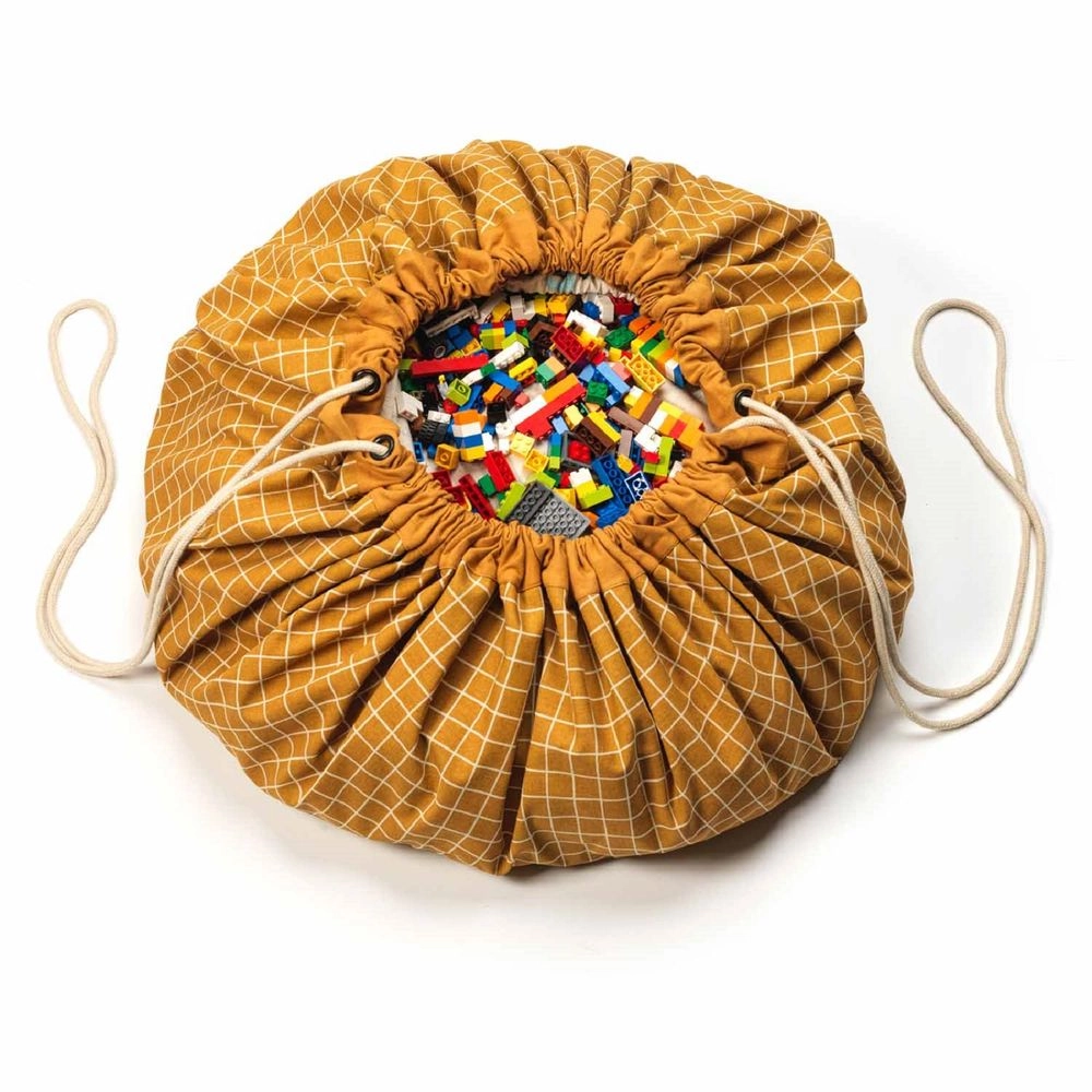 Organic Playmat & Storage Bag - Grid Mustard Suitable for 3 years & above