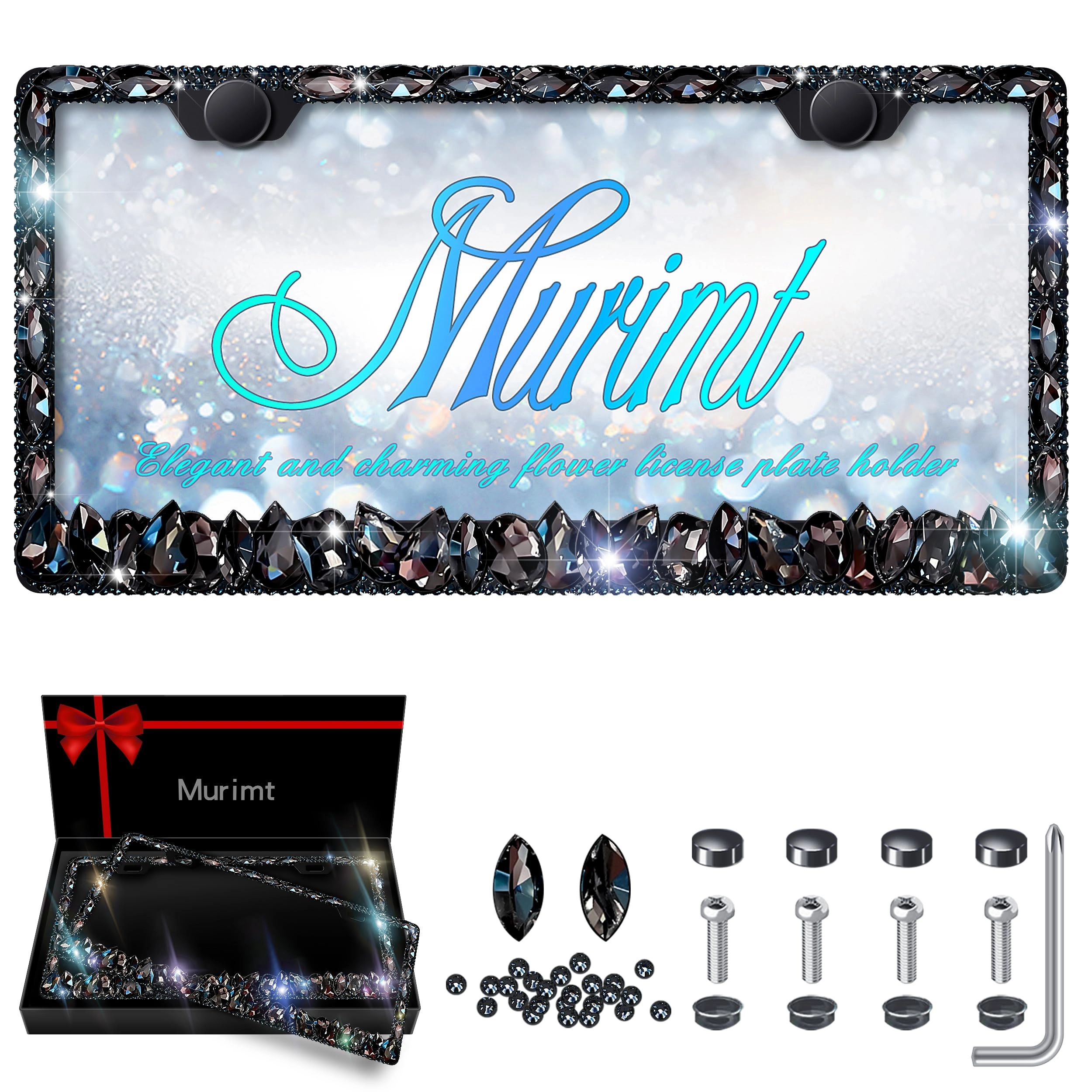 murimt Bling License Plate Frame - 2 Pack Black Stainless Steel
