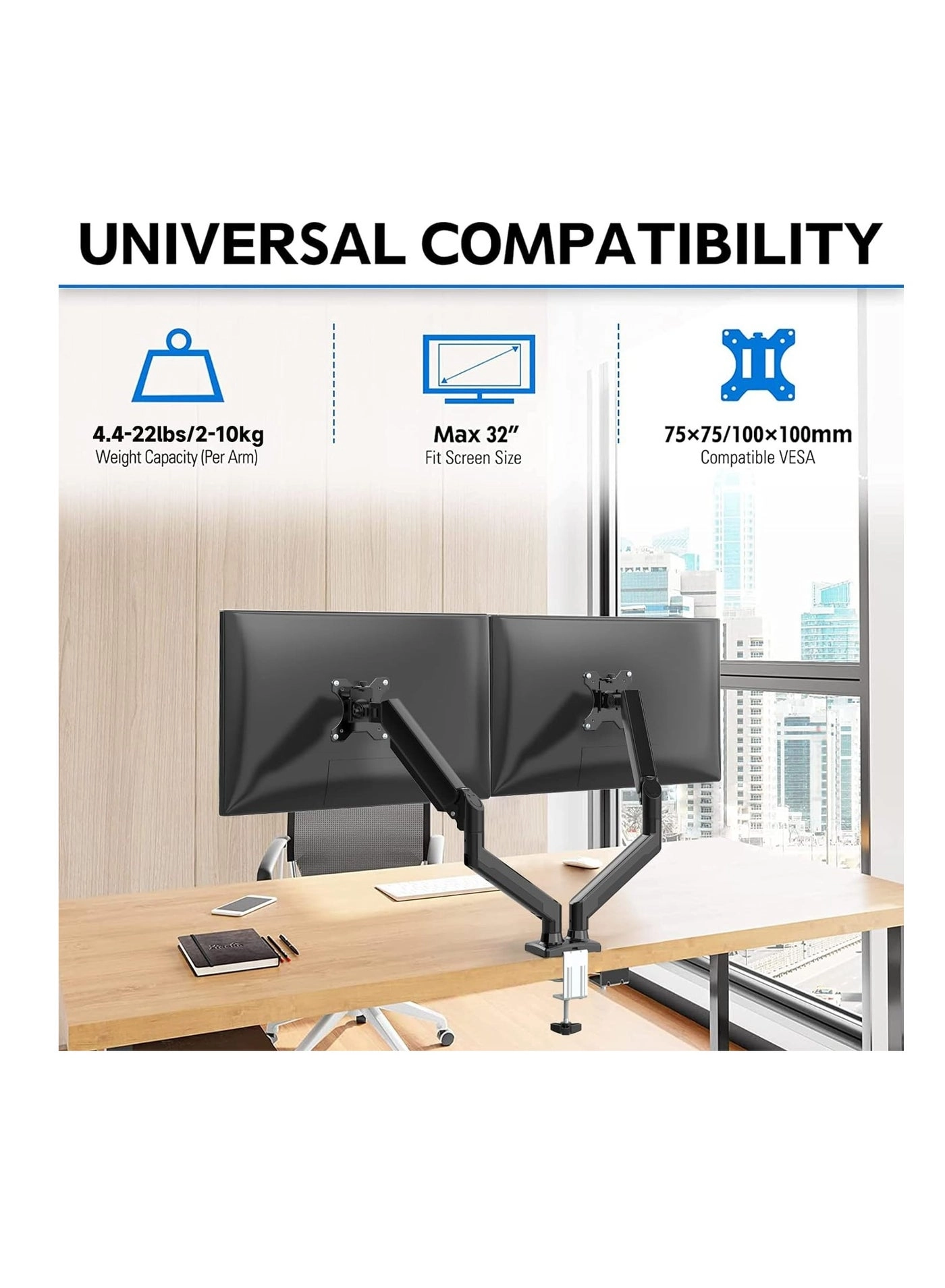 Dual Monitor Stand - 32 Inches 75x75/100x100mm