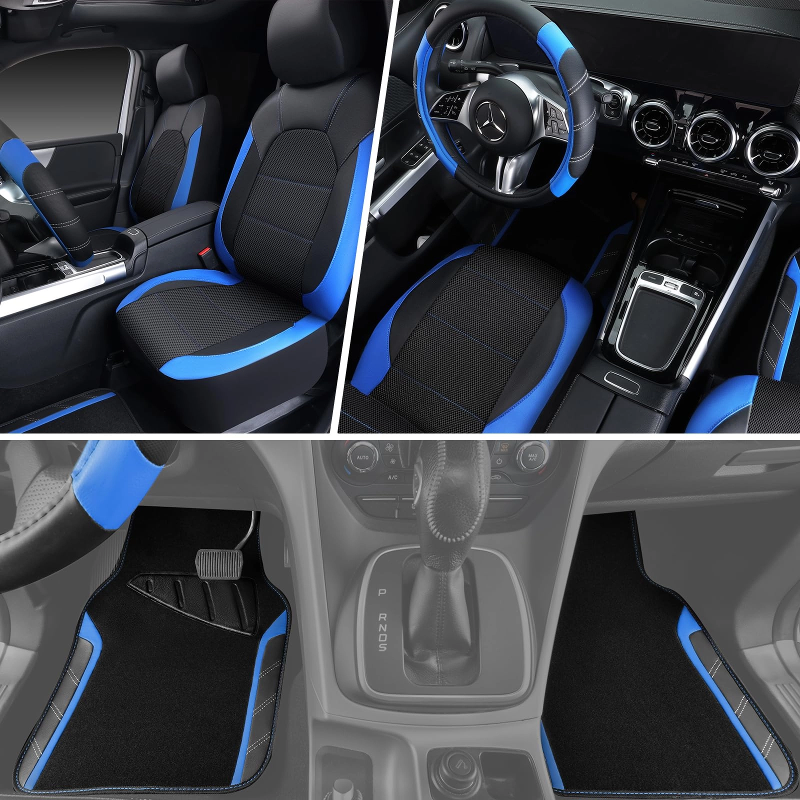 Car Seat Covers - Air Mesh Leather + Car Floor Mats - Waterproof + Steering Wheel Cover - Sporty