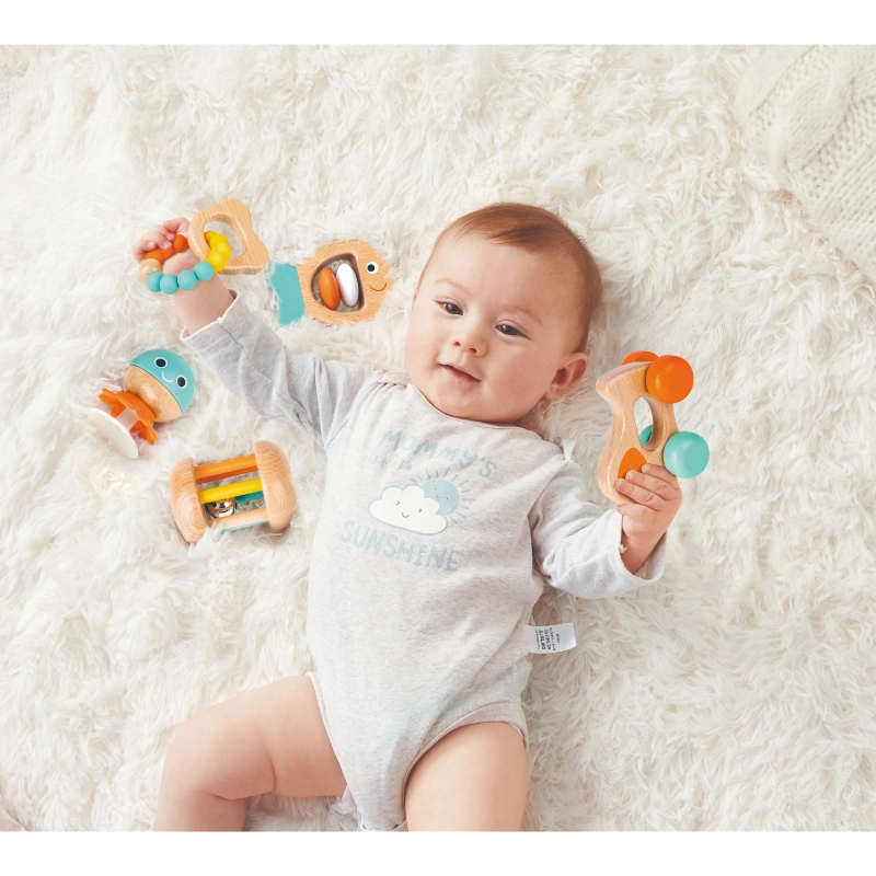 Multi Stage Sensory Rattles And Teether - Suitable for 0 to 12 months wooden 5 Pcs