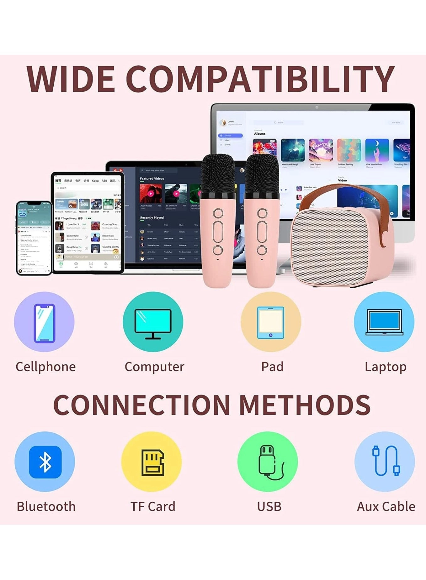 Mini Karaoke Machine - Portable Bluetooth Speaker 2 Wireless Microphone LED Lights