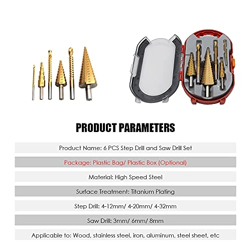 Step Drill Bit and Saw Drill Set - High speed steel 6 pieces 4-12mm/ 4-20mm/ 4-32mm; 3mm/ 6mm/ 8mm