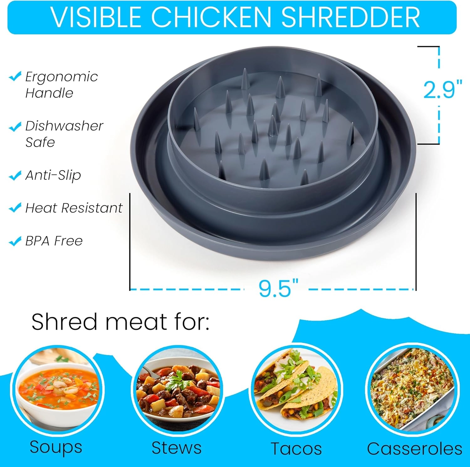 Chicken Shredder Tool - Large Transparent Lid Anti-Slip Base