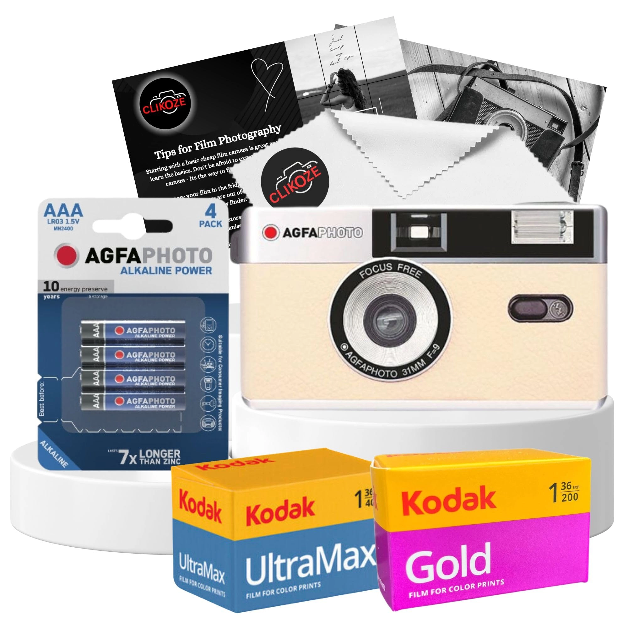 35mm Reusable Film Camera + Ultramax 400 - 36exp + Gold 200 - 36exp + Battery - AAA + Lens Cloth - Black + Photography Tips Card