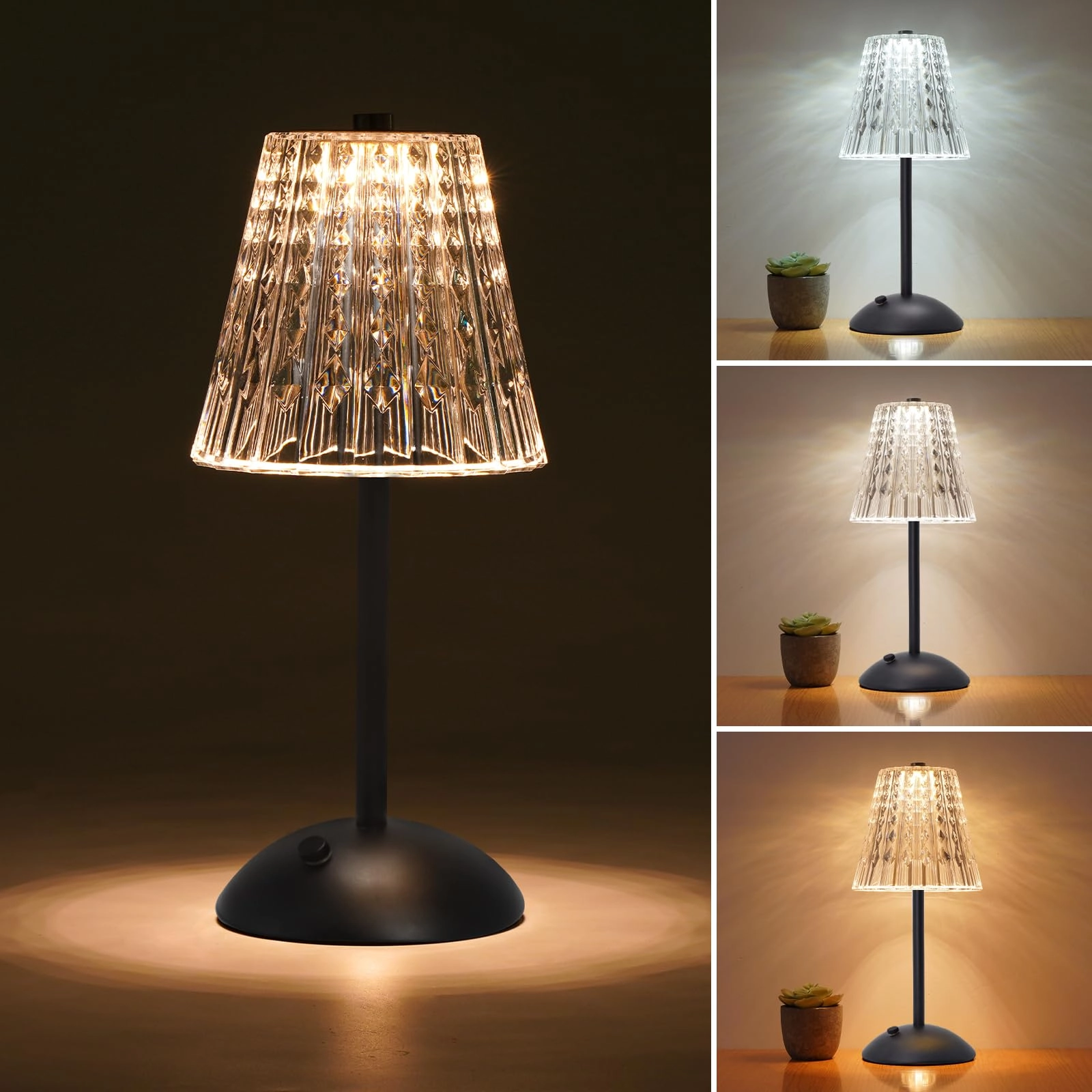 QING PU2021 Cordless Touch Table Lamp - LED Rechargeable 3-Color Dimmable Silver
