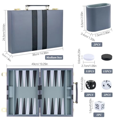 Backgammon Set - PU Leather Case Grey