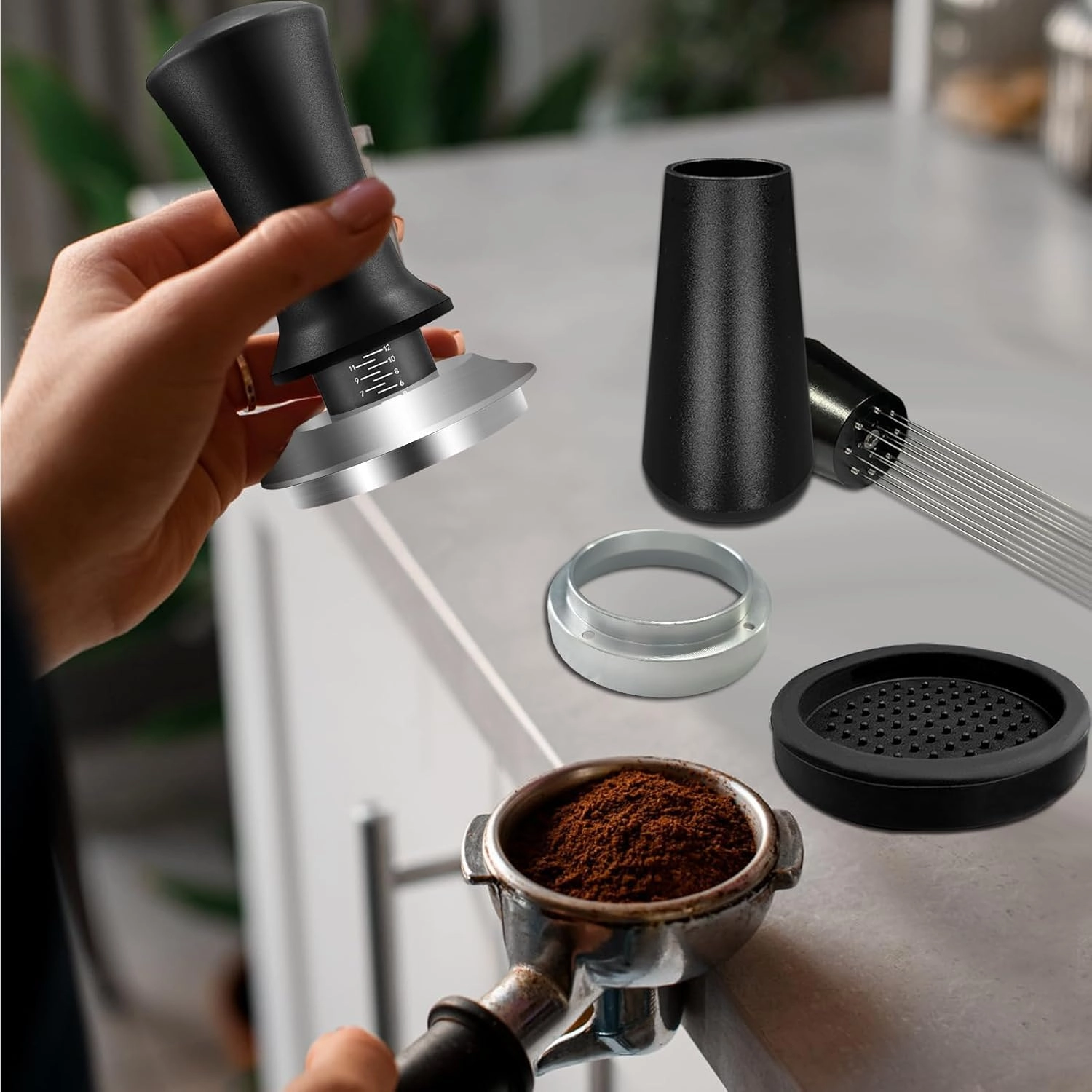 Espresso Tamper + WDT Tool + Espresso Dosing Funnel + Silicone Gel Tamper Mat + Espresso Accessories