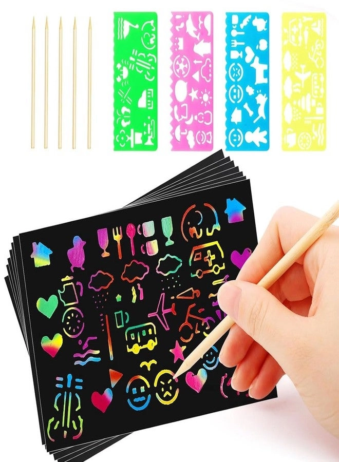 Rainbow Scratch Gift Set - 40 Scratch Sheets 4 Wooden Stylus Pens 4 Drawing Stencils