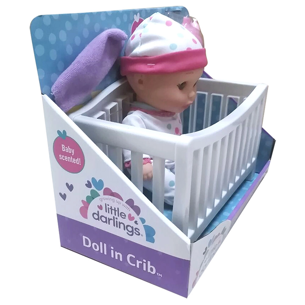 Little Darlings Doll - 8" fully poseable + Crib + blanket + milk bottle + sippy cup Ages 2+