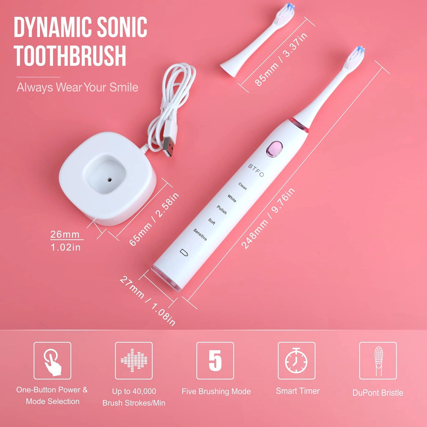 Sonic Electric Toothbrush - 5 Modes 2 Brush Heads USB Rechargeable