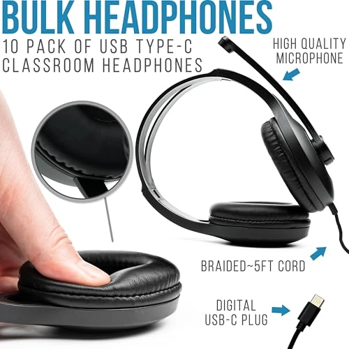 USB-C Classroom Headphones with Microphone - Wired Headphone Pack