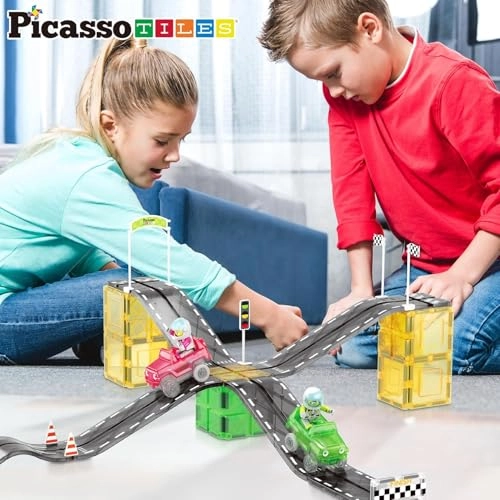 Magnet Tile Race Car Track - Race Car With Figures and Cars 62pcs