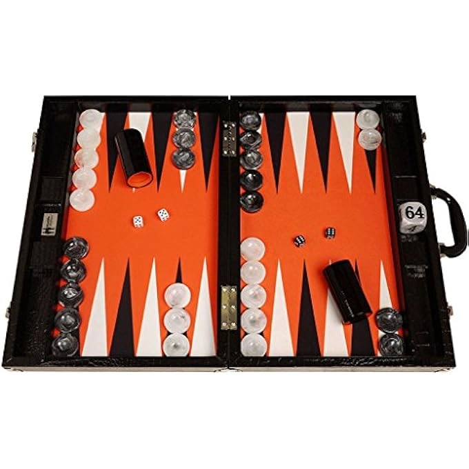 rayihni BACKGAMMON TOURNAMENT SET - BLACK CROCO ORANGE PLAYING SURFACE GEN III
