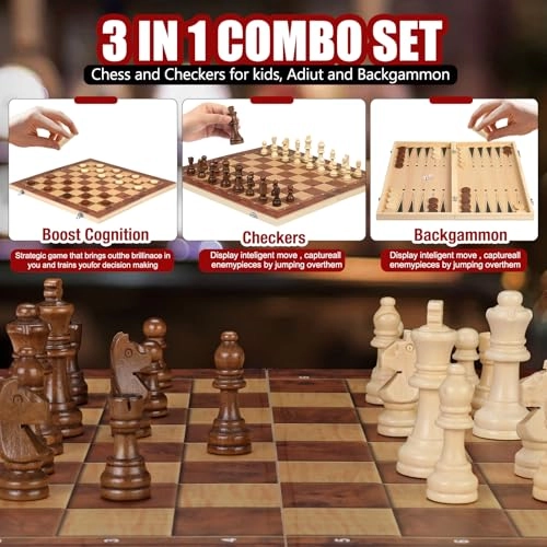 Chess Checkers Backgammon 3-in-1 - Wooden Folding