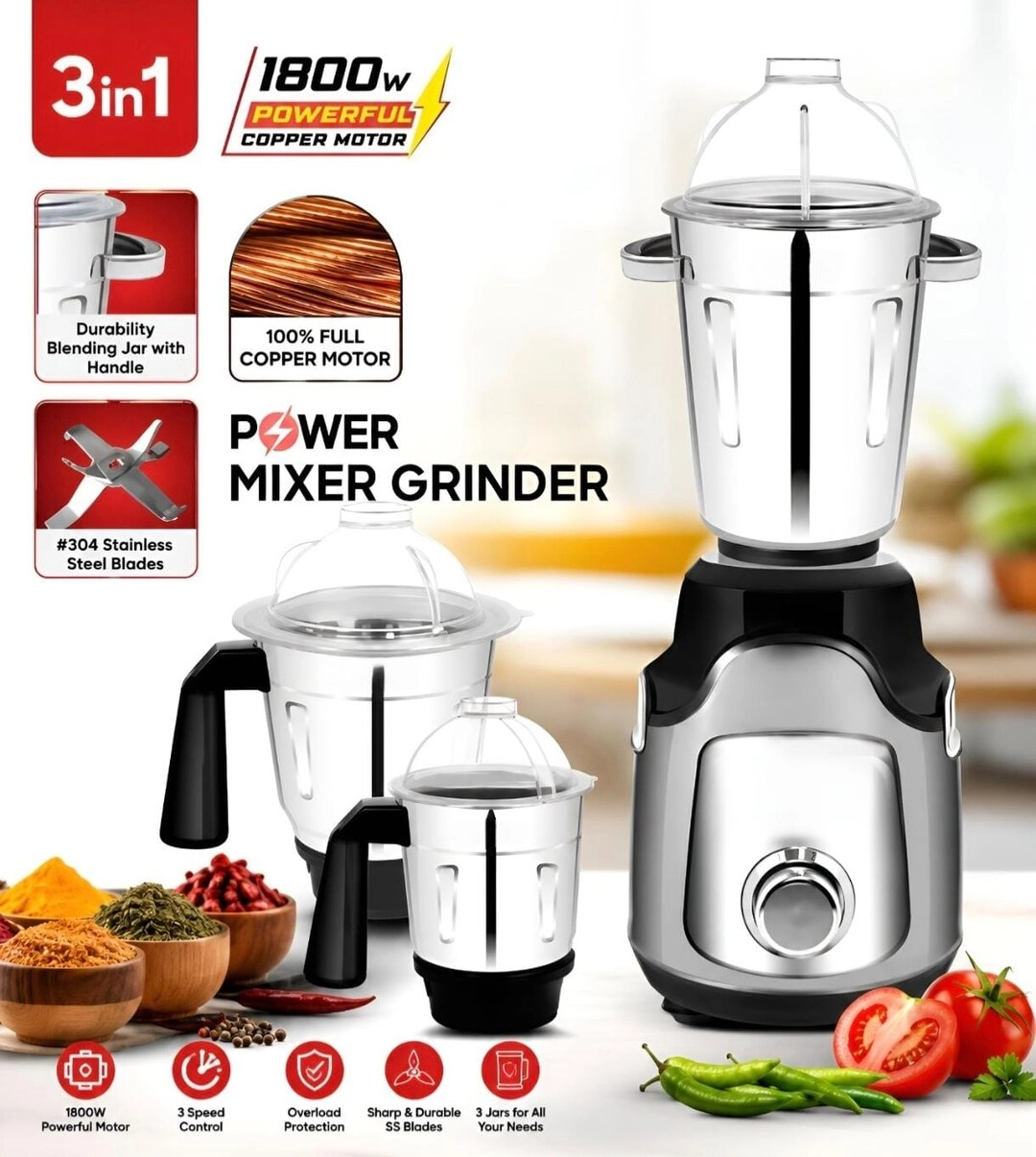 Orixa 3-in-1 Blender Mixer Grinder - 1800W