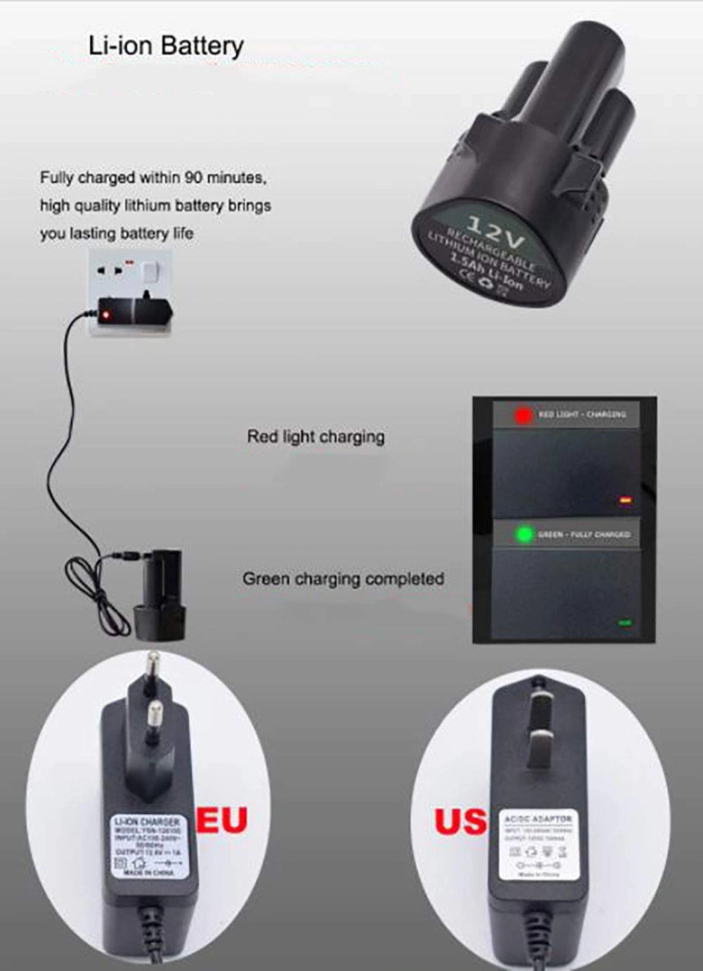 Cordless Screwdriver drill machine - 12V 0-10mm + 1200 mAh Battery + Charging Adapter + Polishing Pad kit - 5 inch