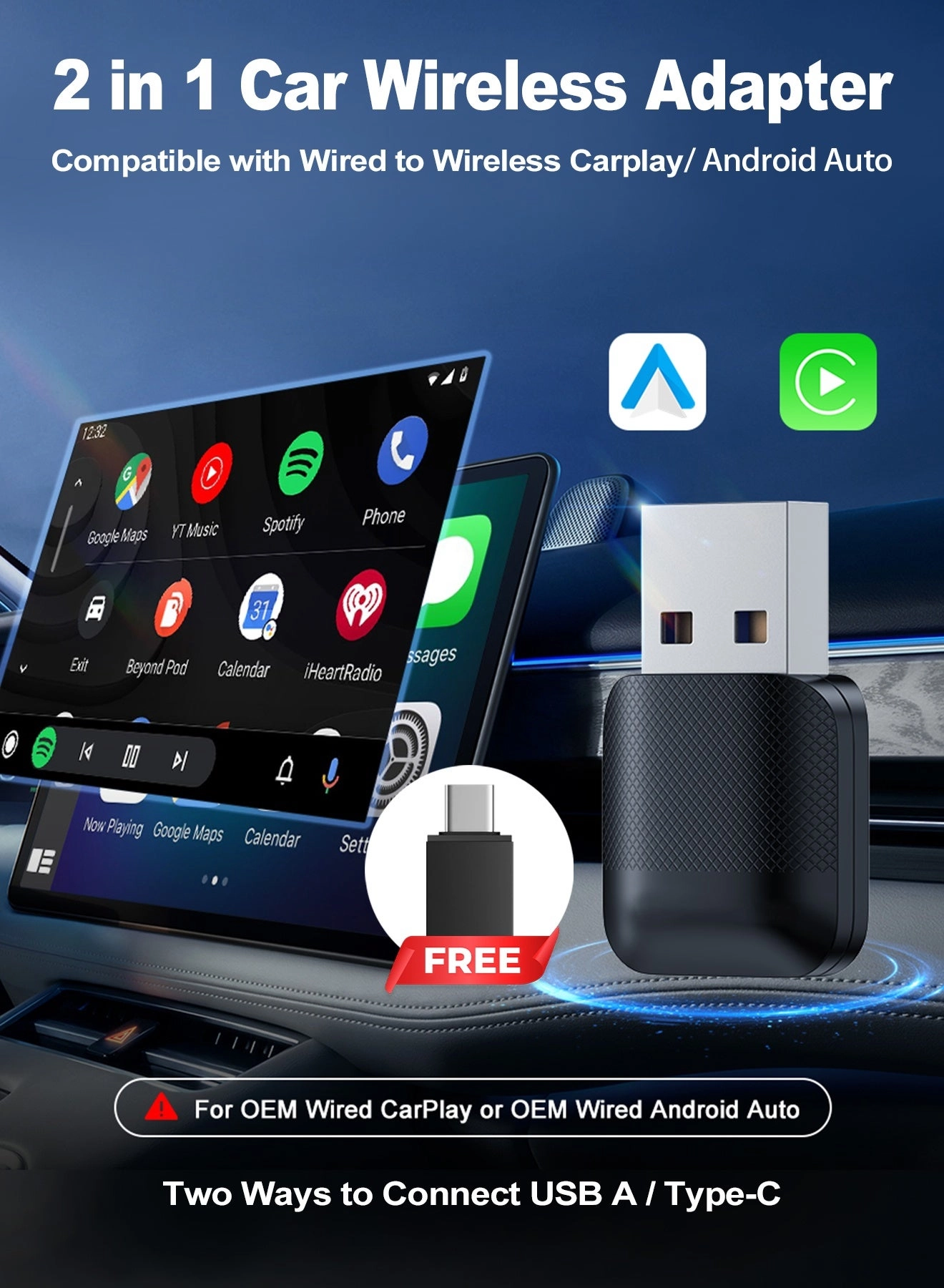 Wireless CarPlay & Android Auto Adapter - 2-in-1 Plug & Play Dual-Band