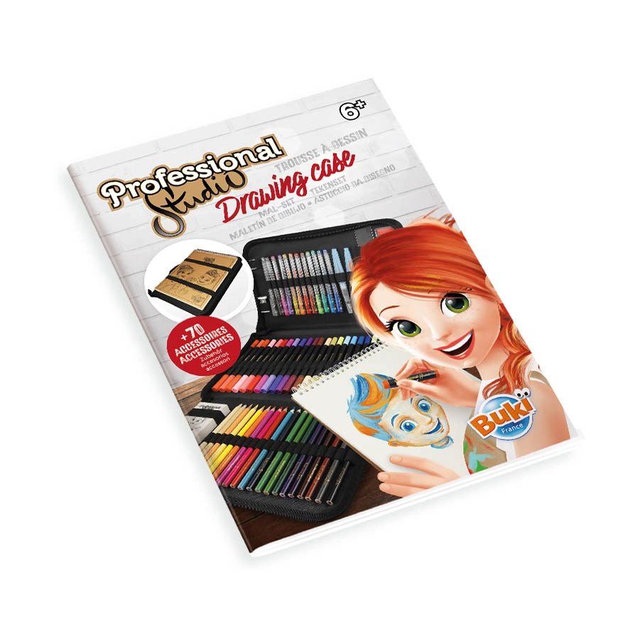 Professional Studio Drawing Kit - 1 case with handle, one 35 sheet sketch pad -300 g, 2 refillable water brushes, 12 cakes of paint, 8 oil pastels, 24 double-ended felt-tip pens, 18 watercolour pencils, 12 gel pens, 2 pencils, 1 rubber, 1 ruler, 1 pencil sharpener and 1 instruction sheet with colour illustrations
