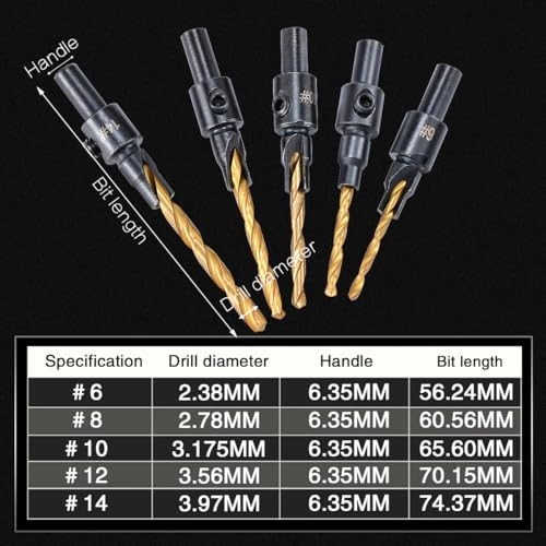 Countersink Drill Bit Set - HSS 4241 (Titanium Coating) 5 Pieces #6 #8 #10 #12 #14
