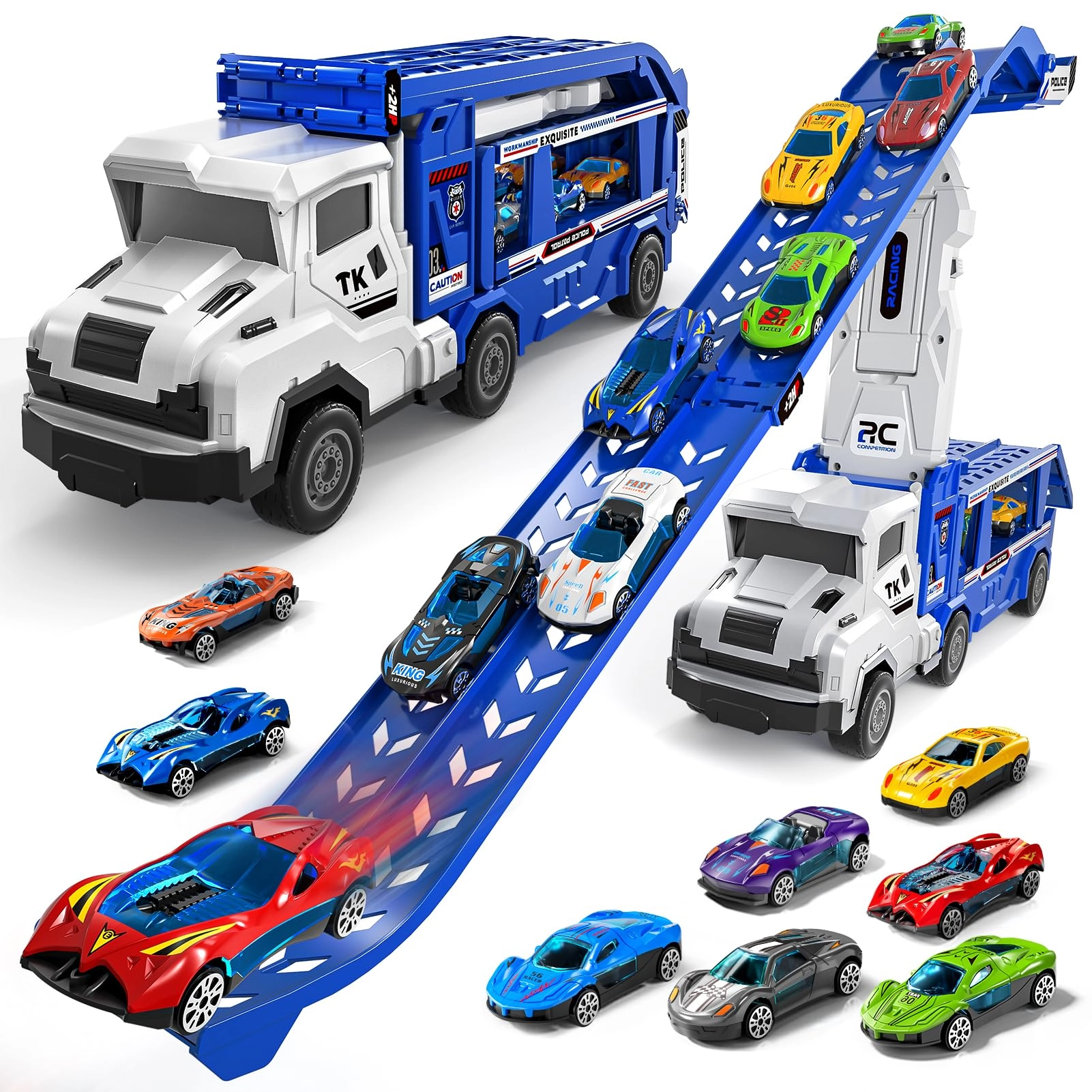 WEICAN TOYS FACTORY Transport Truck - Yellow + Die-Cast Car - 12pcs + Race Catapult - 2pcs