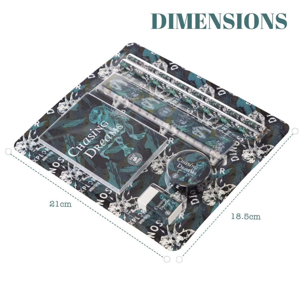 Stationary Set - 2 pencils, a ruler, an eraser, a sharpener, and sticky notes