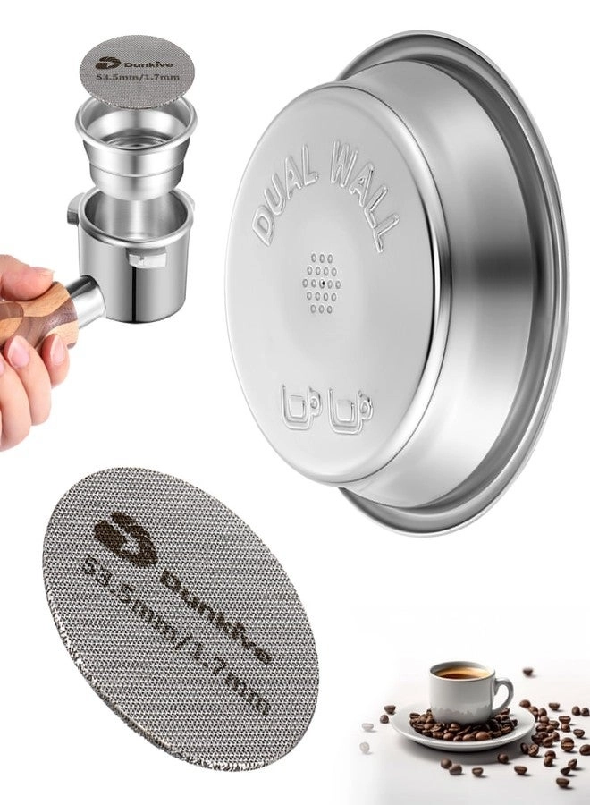 Dunkive Dual Wall Filter Basket - 54mm 18-22g + Espresso Puck Screen - 53.3mm + Espresso Dosing Funnel - 54mm
