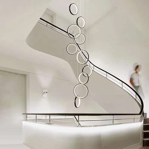 Modern LED High Ceilings Staircase Dimmable Chandeliers - 10 Rings 100W 340cm