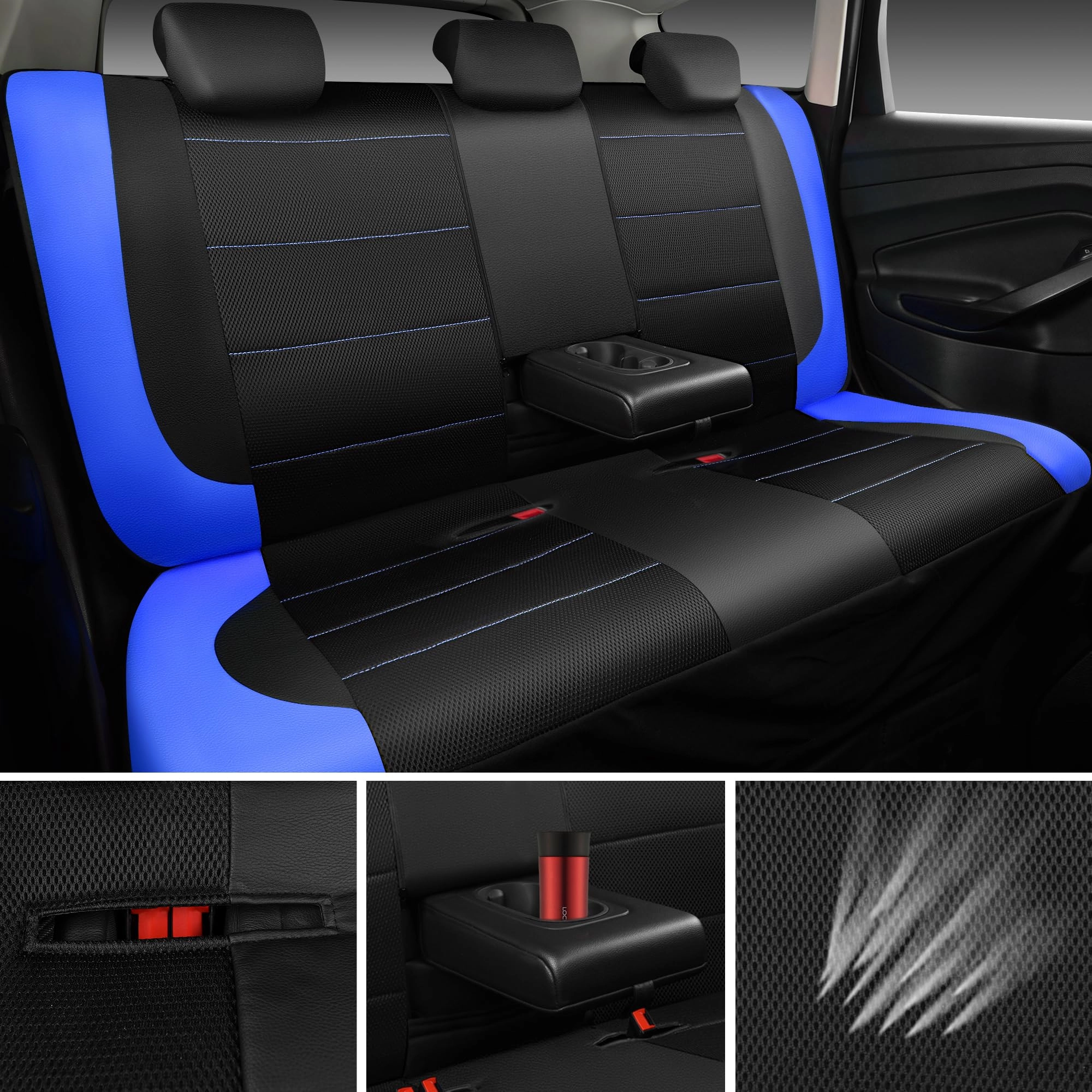 Car Seat Covers - Air Mesh Leather + Car Floor Mats - Waterproof + Steering Wheel Cover - Sporty