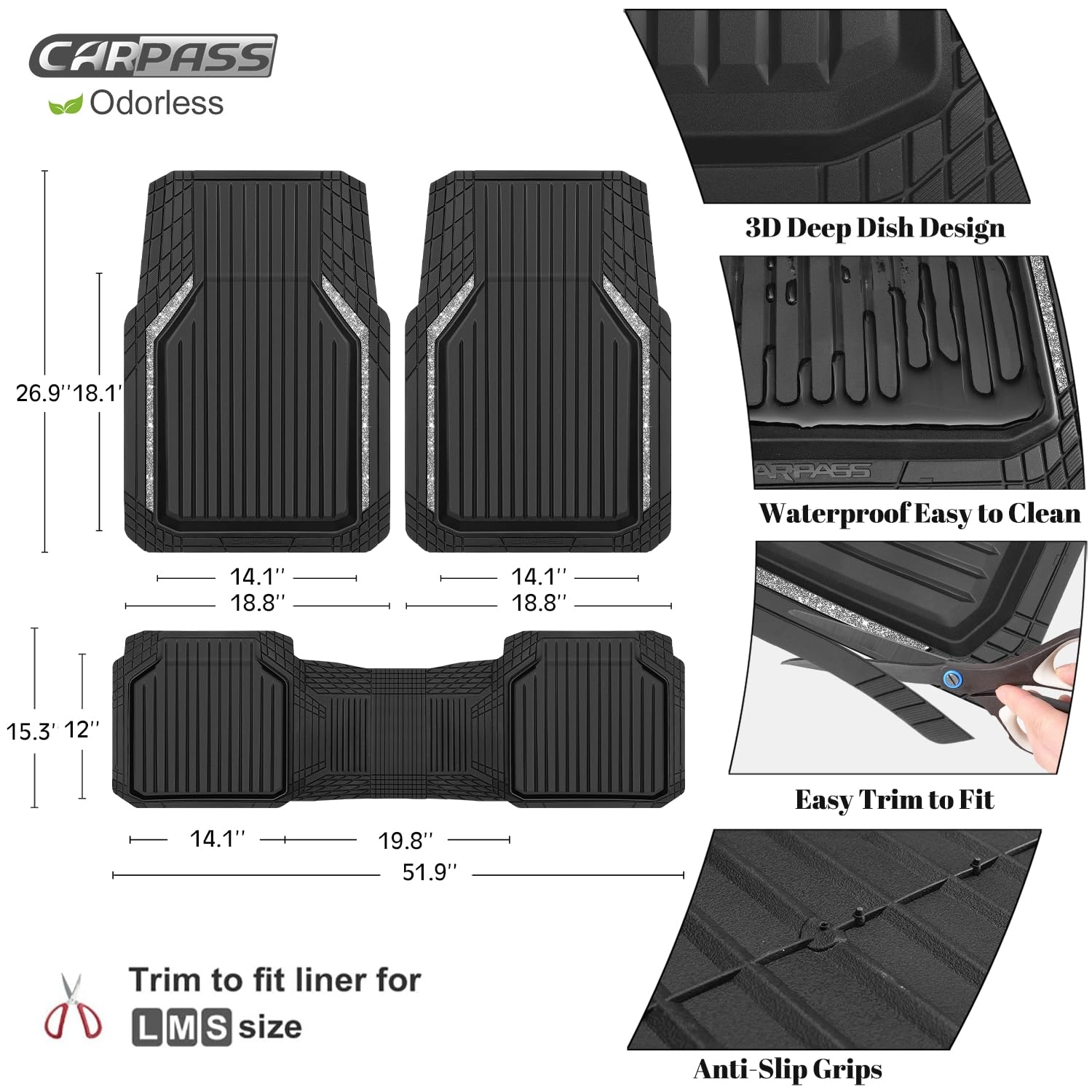 Heavy Duty Rubber Floor Mats - Universal Fit 3pcs Black Purple