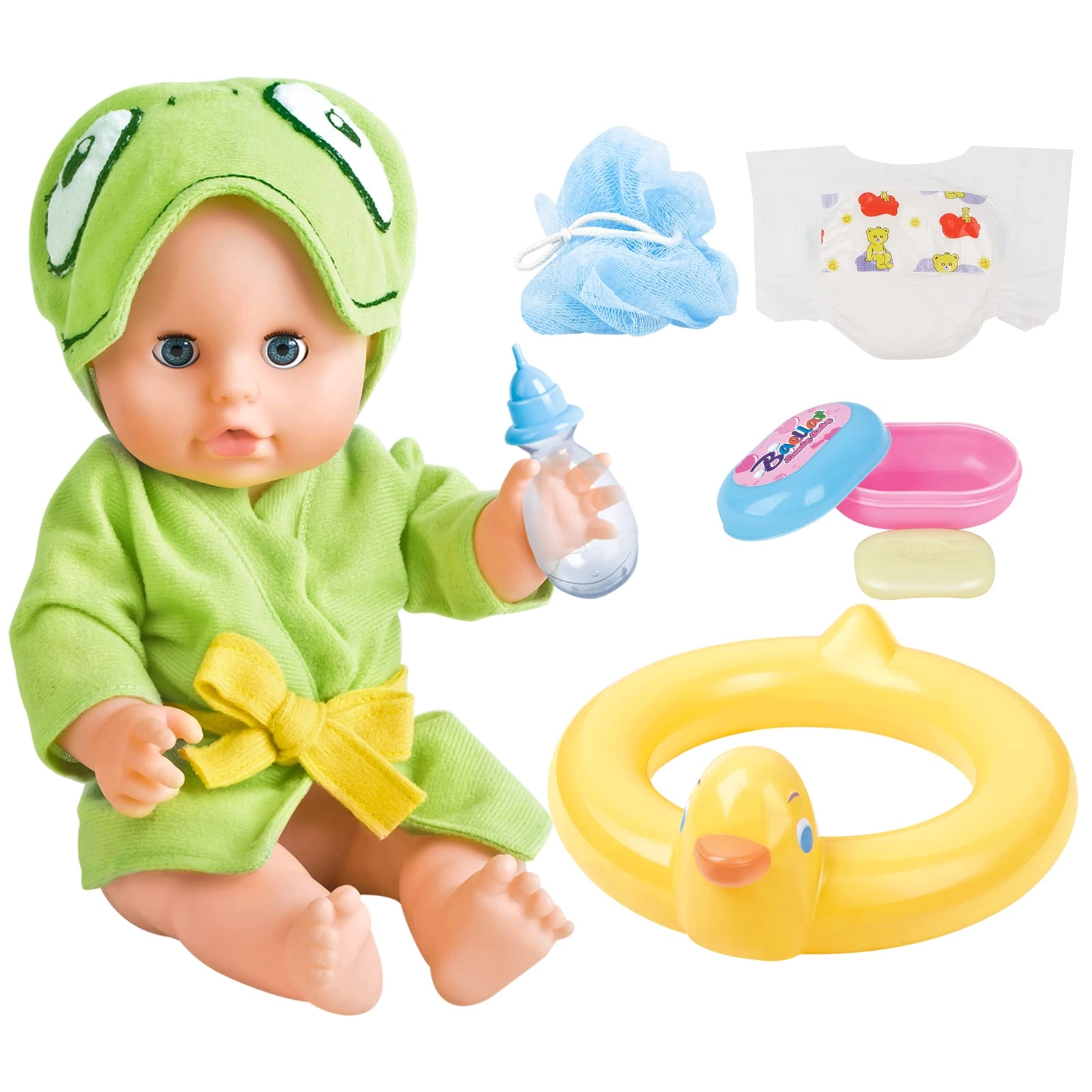 deAO Baby Doll - 12'' Bath Time 6 PCS Accessories