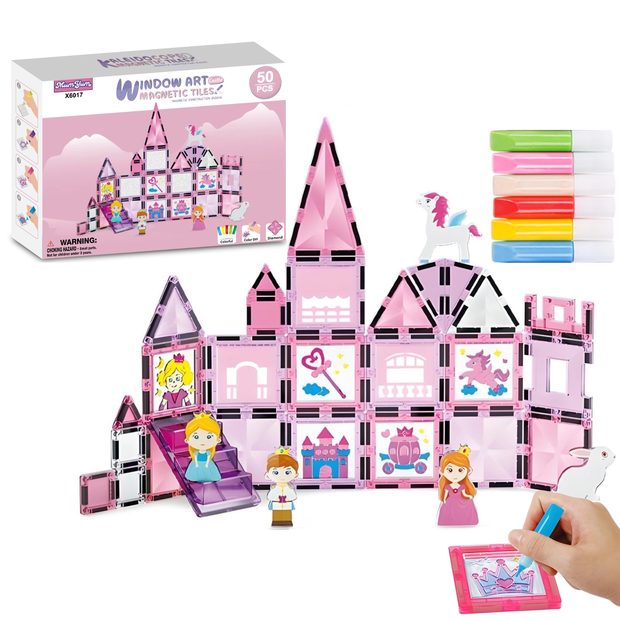 Shantou Xinbida Early Education Technology Co Ltd Princess Castle Magnetic Tiles Set - 2 Princes 1 Princess 1 Unicorn 1 Rabbit 50pcs
