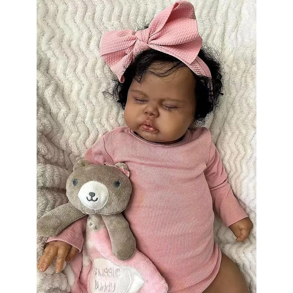 Reborn Baby Doll - 19 Inch Cloth Body Black Curly Hair Ages 3+
