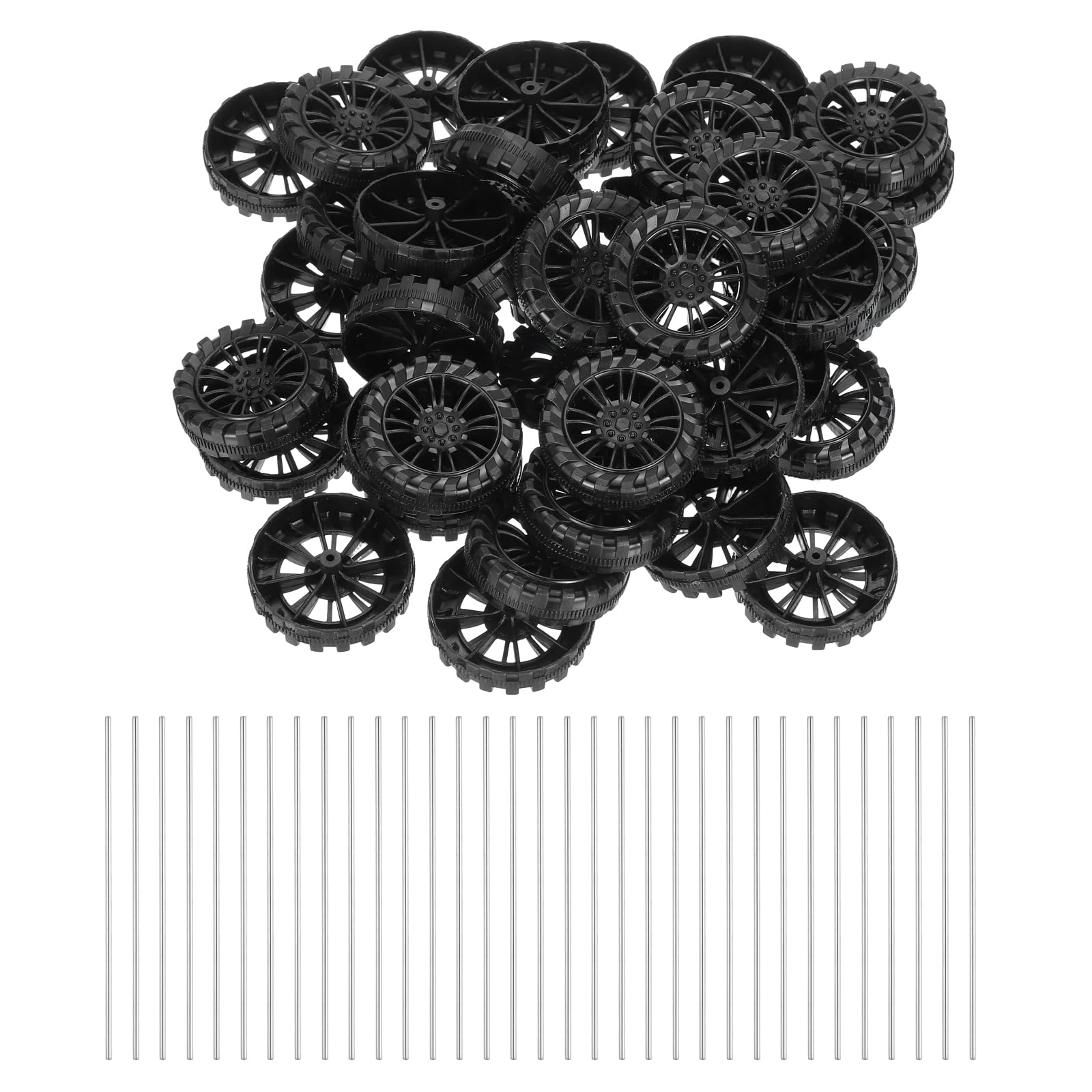 SourcingMap Toy Car Wheels - 100pcs 40mmx10mm + Shaft Round Rod Axles - 2mmx100mm