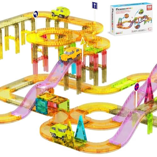 Magnetic Tile Race Car Track Set - 60 pieces STEM
