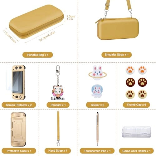 Switch Lite Carrying Case + Case Protector + Tempered Glass Screen Protector + Thumb Grips + Game Card Holder + Embroidery Sticker + Pendant + Stylus + Shoulder Strap + Wristband + Sticker - 18 in 1 Brown