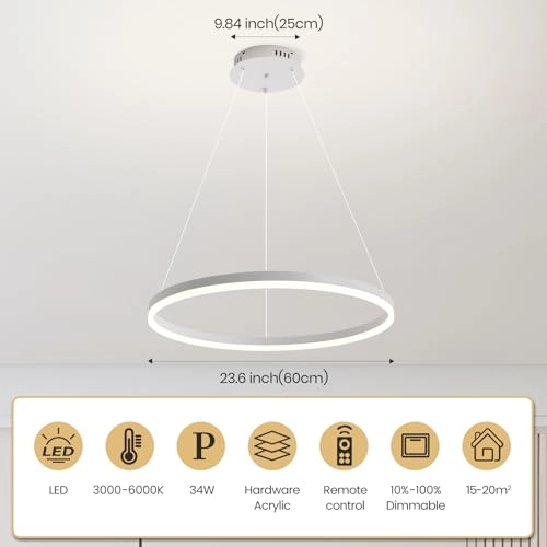 Single Ring White LED Chandelier - 3000K-6000K Dimmable