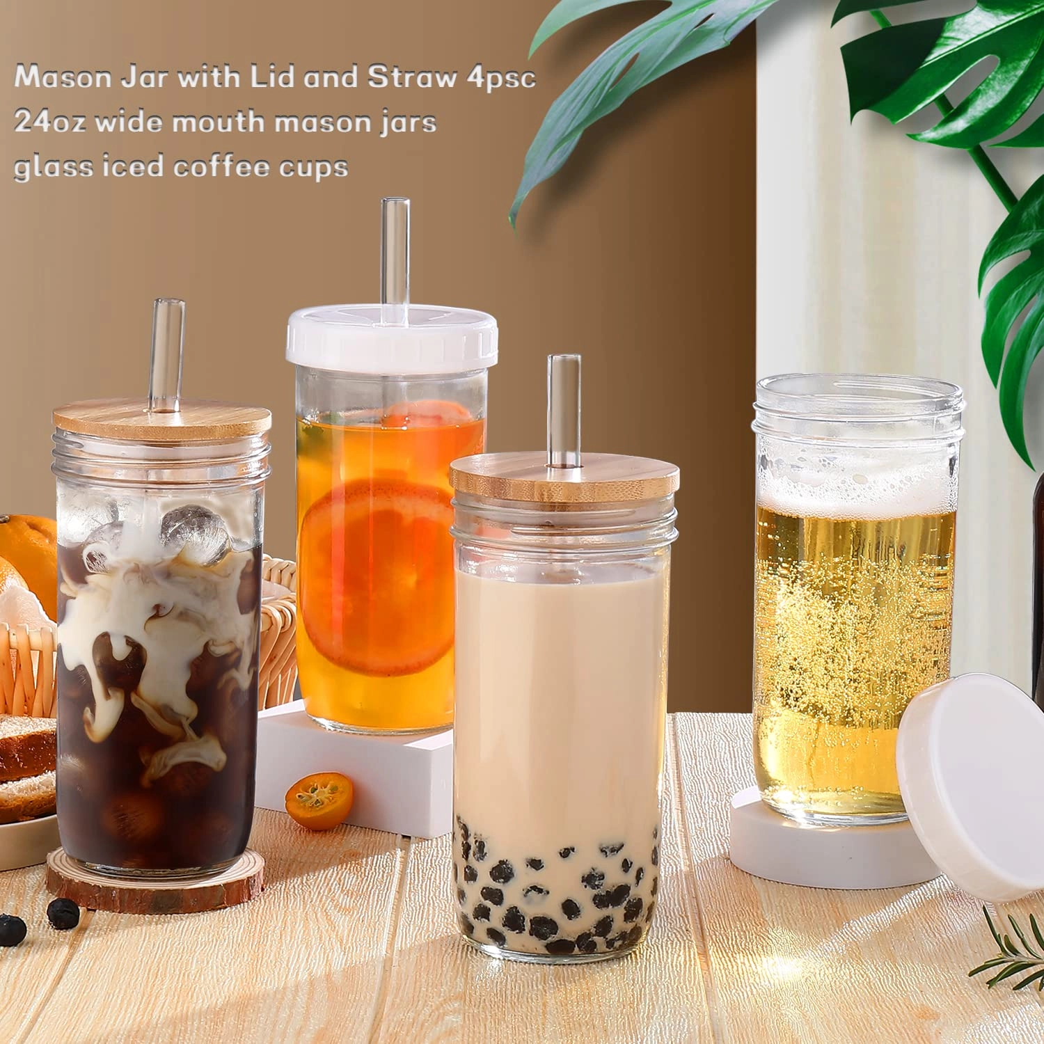 Glass Cup - 4 pcs with Lid and Straw