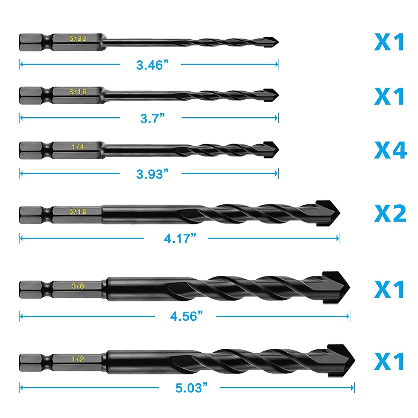 Masonry Drill Bits - Carbide 10-Piece 5/32 to 1/2 inch