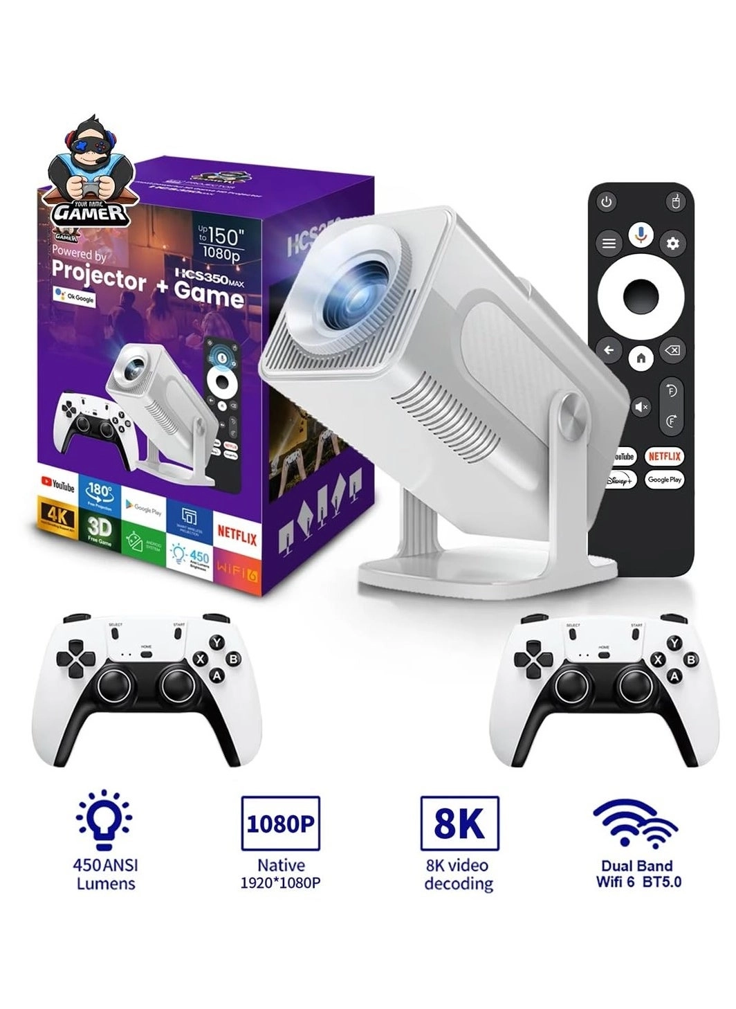 HCS350 Pro Android 11 Gaming Projector 64GB TF Card Wireless Gaming Controller Dual WIFI1920*1080P Home Theater Portable Projector (Hcs350pro White)