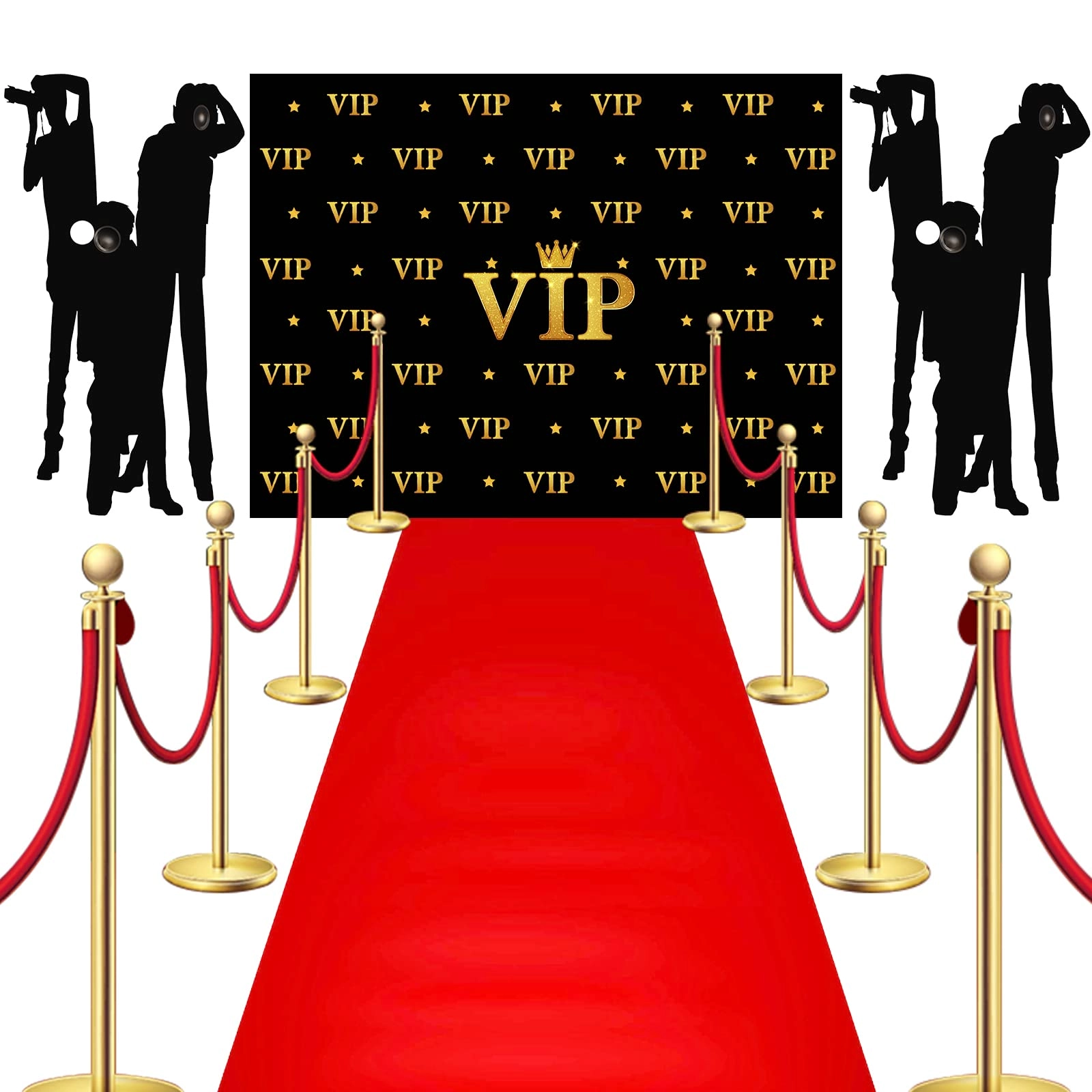 Timtin VIP background banner - 6.5 x 5 ft + Paparazzi props - 2 pcs + Non woven red carpet + Double sided tape - 1 roll + Red Carpet Runner - 2.6 x 15 ft