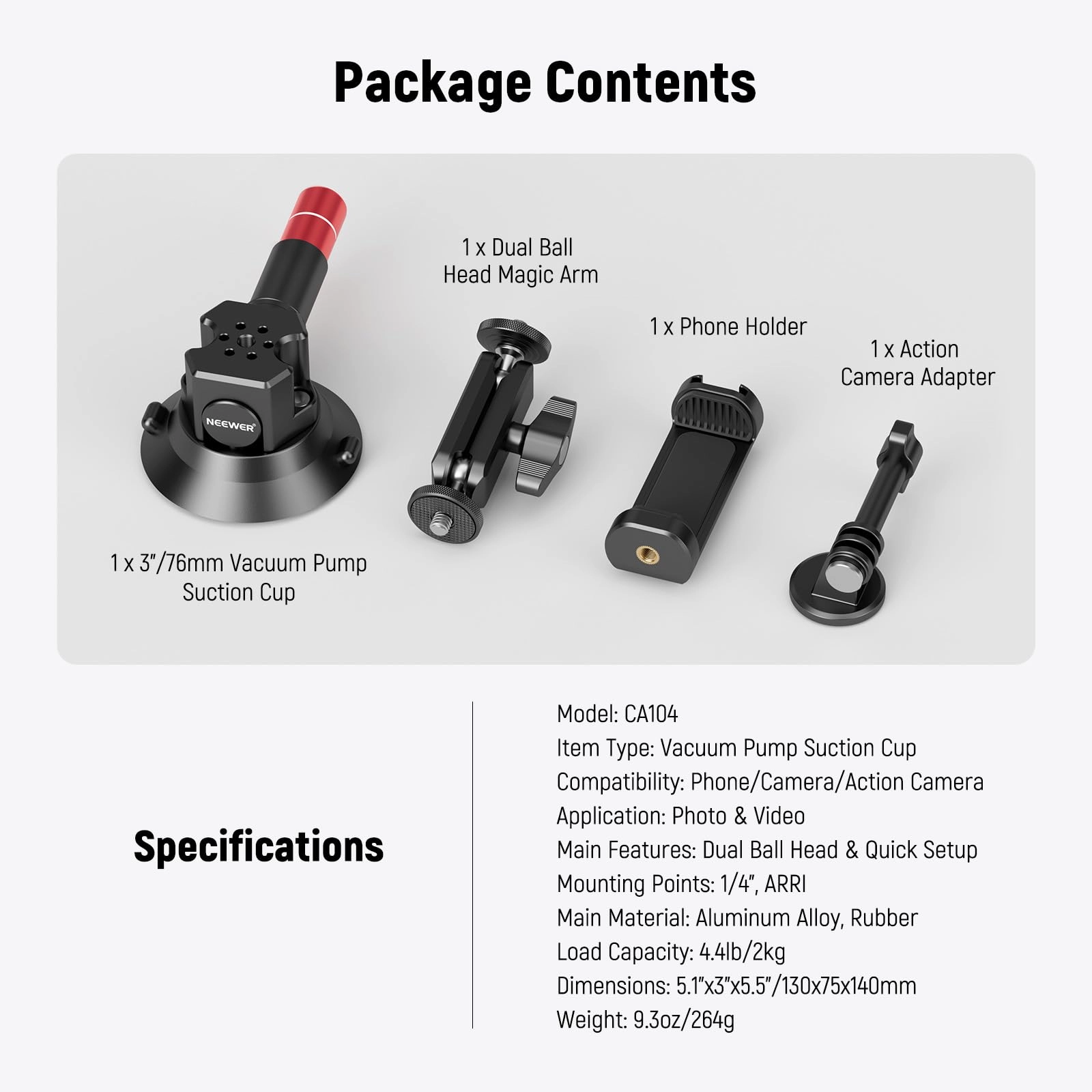 Suction Cup Camera Mount Bracket - 3" Ball Head Magic Arm