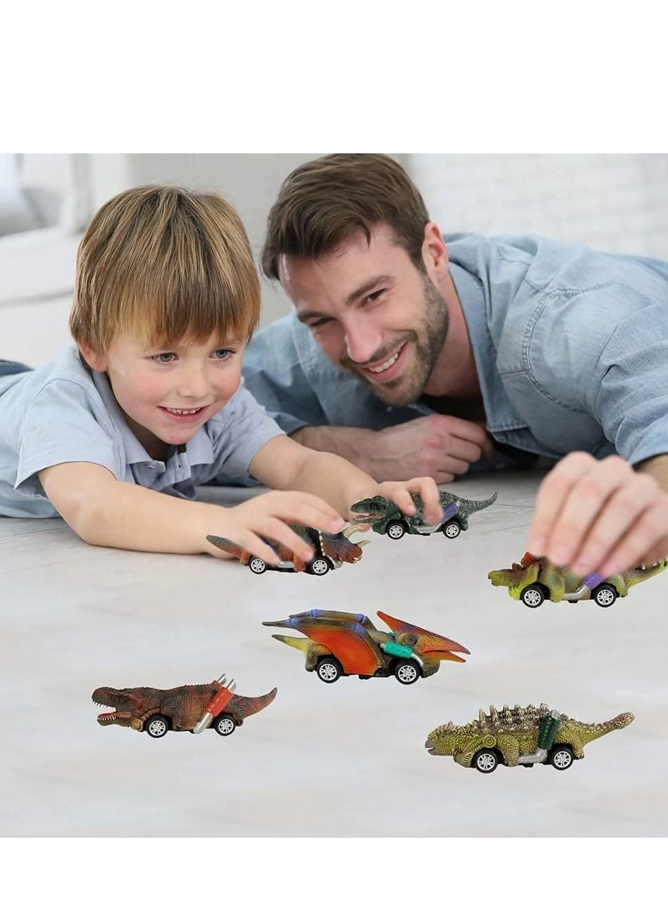 Dinosaur Toy Pull Back Cars - 6 Pack T-Rex Triceratops Stegosaurus Ankylosaur Pterosaur Velociraptor