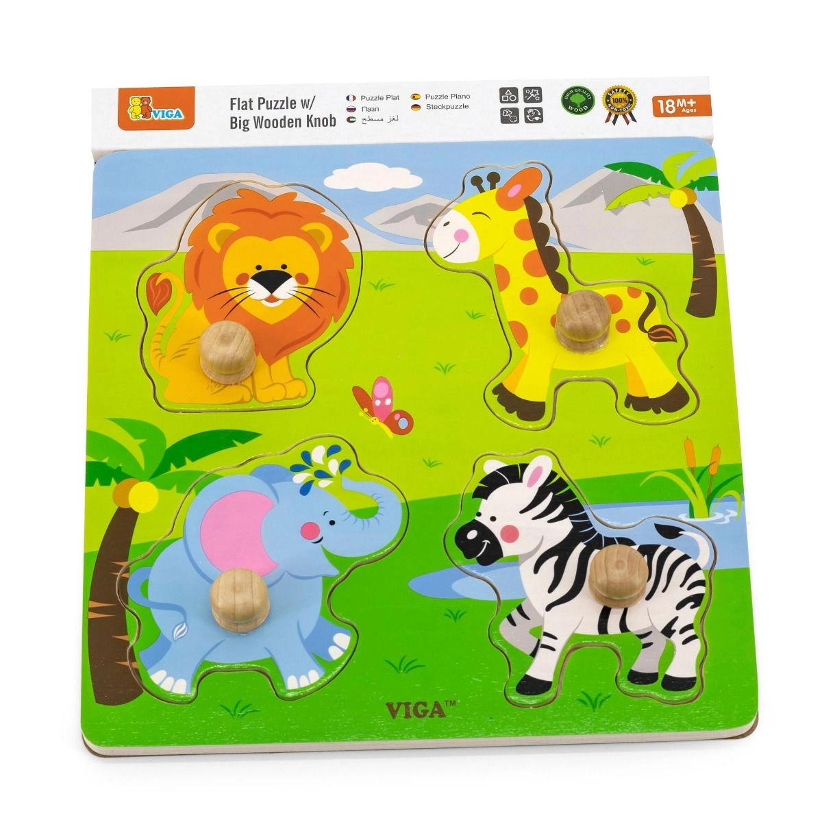 Wooden Knob Puzzle - Wild Animals - Suitable for 12 months and above 4 pieces