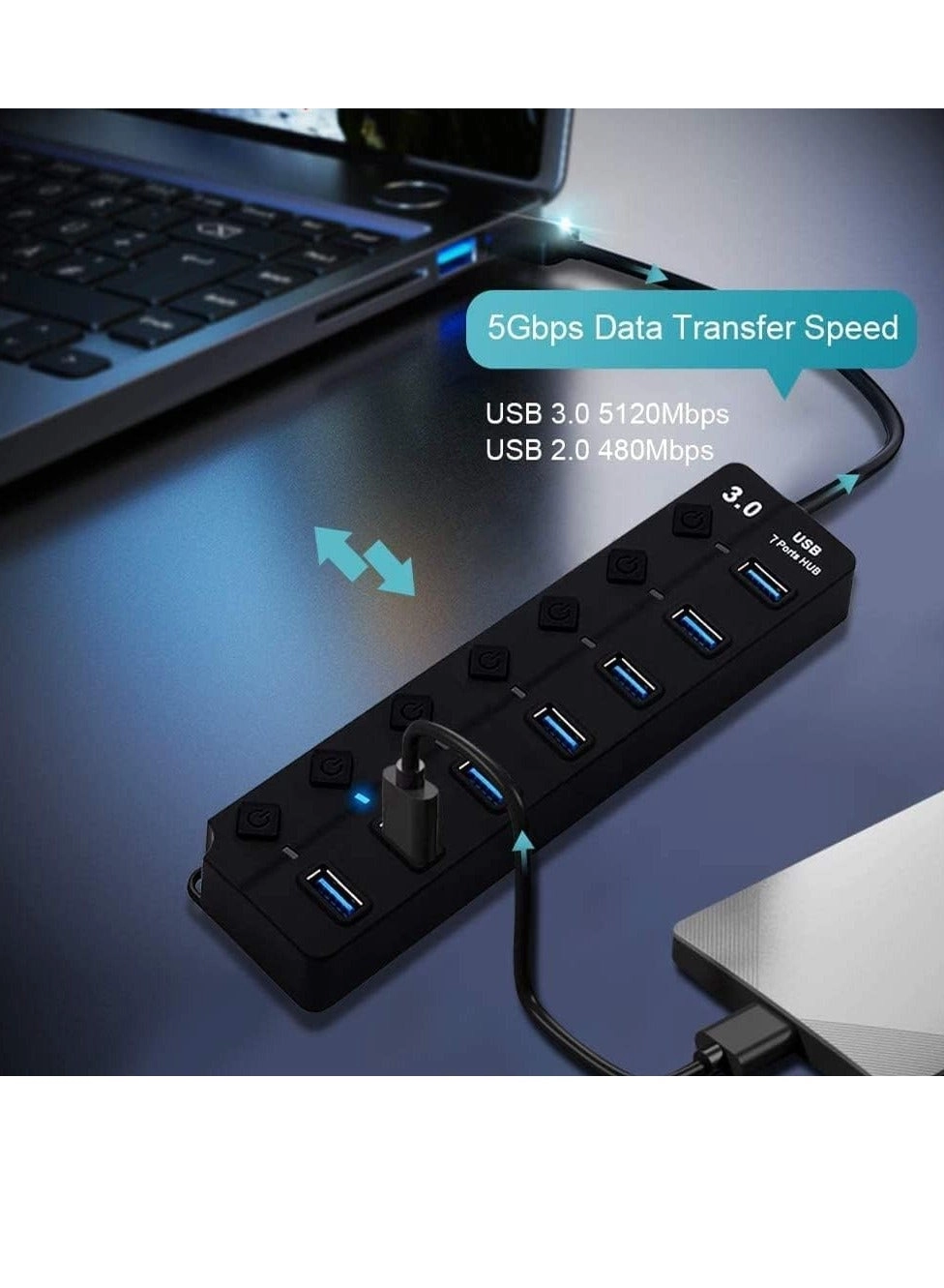 7-Port USB 3.0 Hub - Individual Power Switches 5Gbps