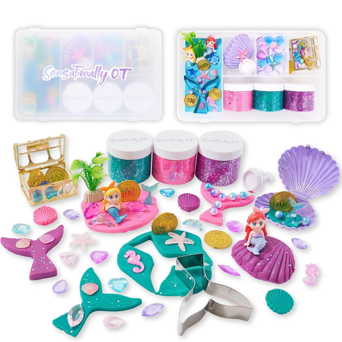 Sensationally OT Mermaid Sensory Dough Kit - 3 Jars Cutters Stampers